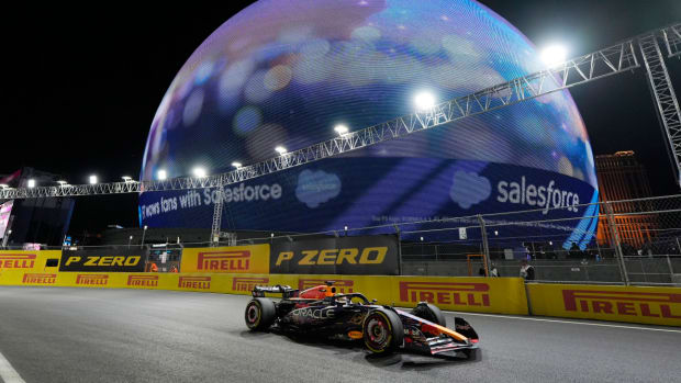 Red Bull driver Max Verstappen races in front of the Sphere during the Las Vegas Grand Prix.